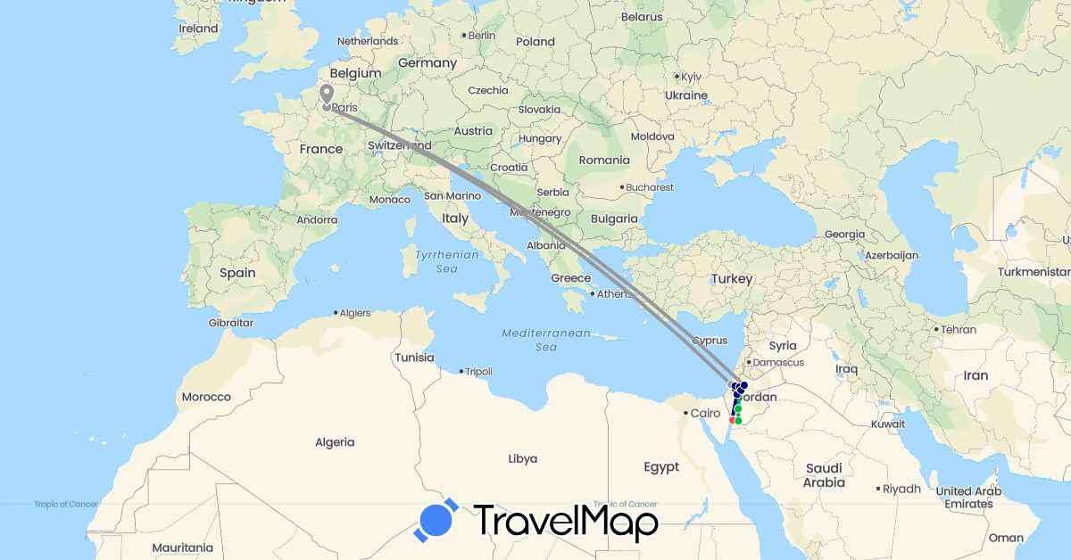 TravelMap itinerary: driving, bus, plane, hiking in France, Israel, Iran, Jordan, Palestinian Territories (Asia, Europe)