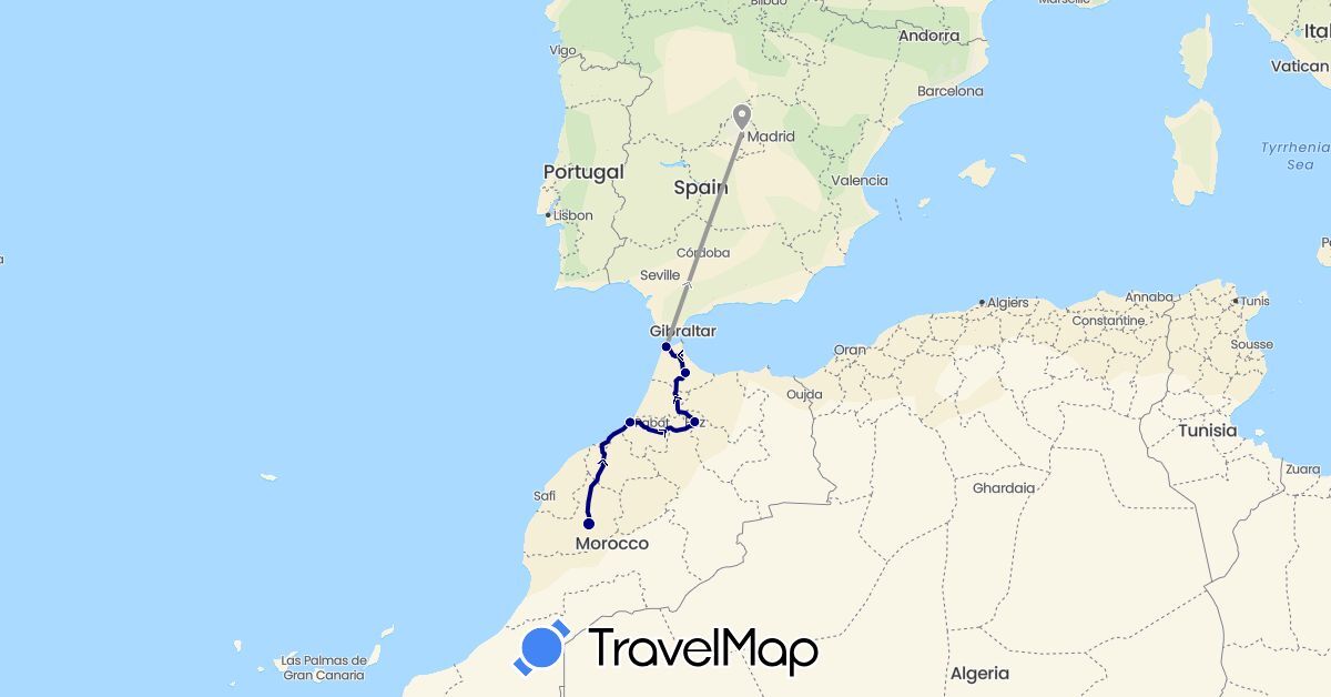 TravelMap itinerary: driving, plane in Spain, Morocco (Africa, Europe)