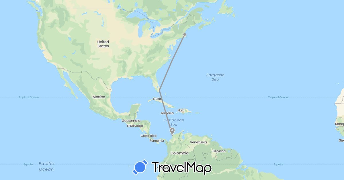 TravelMap itinerary: driving, plane in Colombia, United States (North America, South America)